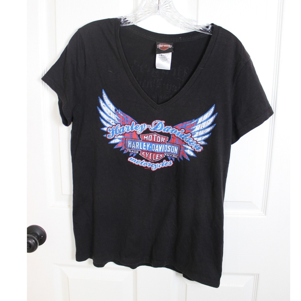Harley Davidson Black Graphic T Shirt‎ Womens Large V Neck Motorcycles Tee